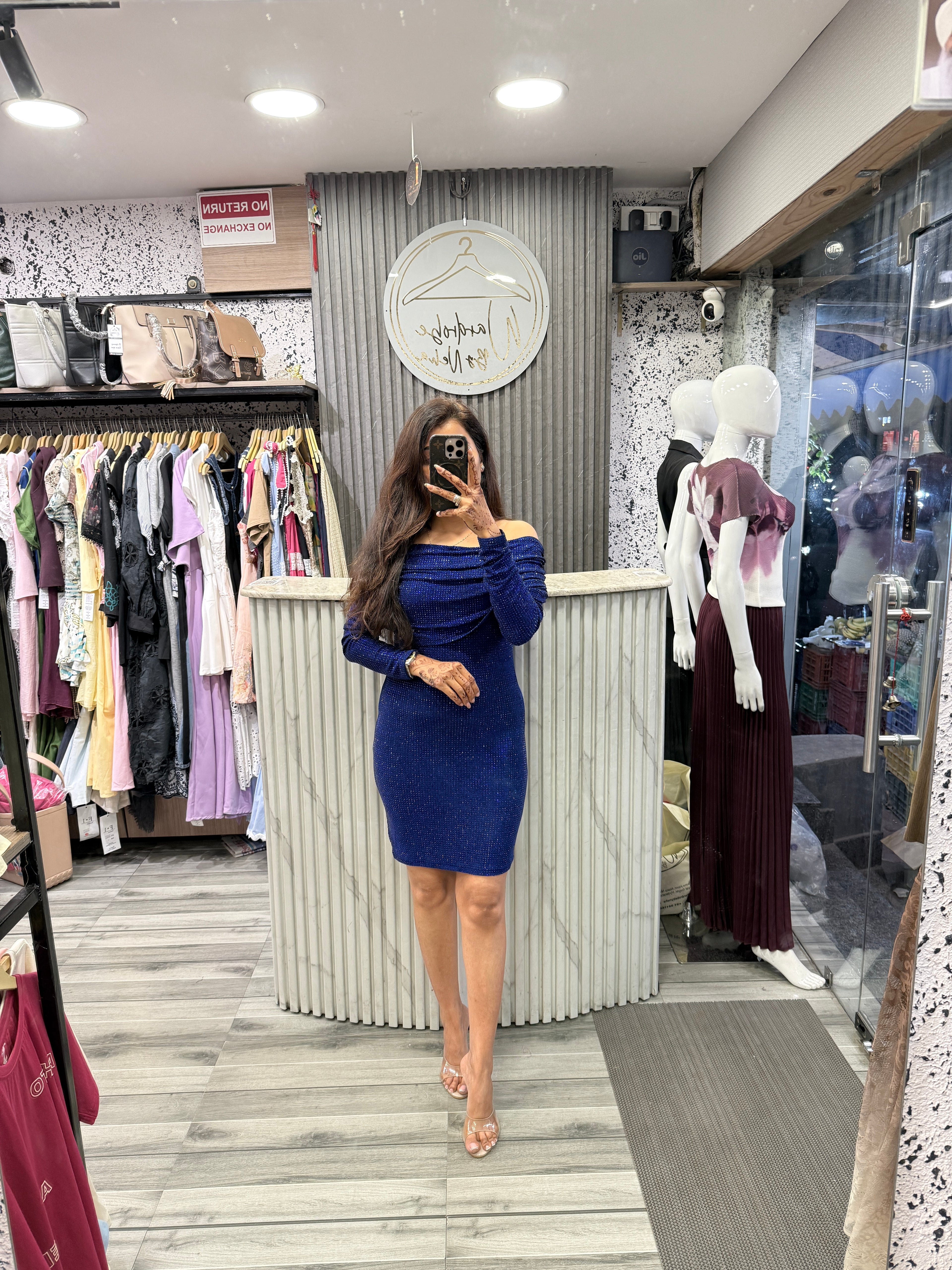 Off-Shoulder Sparkle Bodycon Dress – Royal Blue