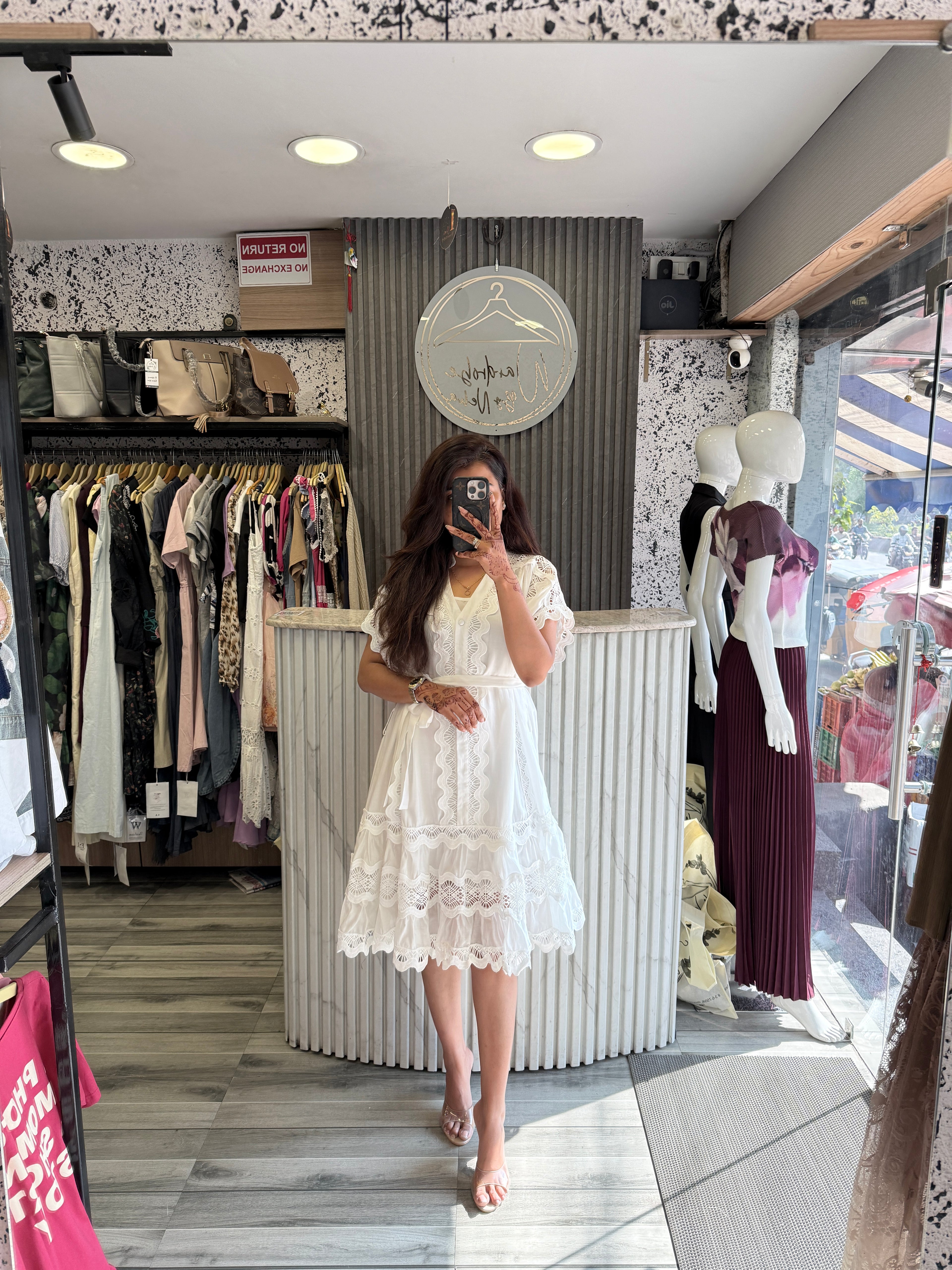 White Lace Flared Dress – Free Size