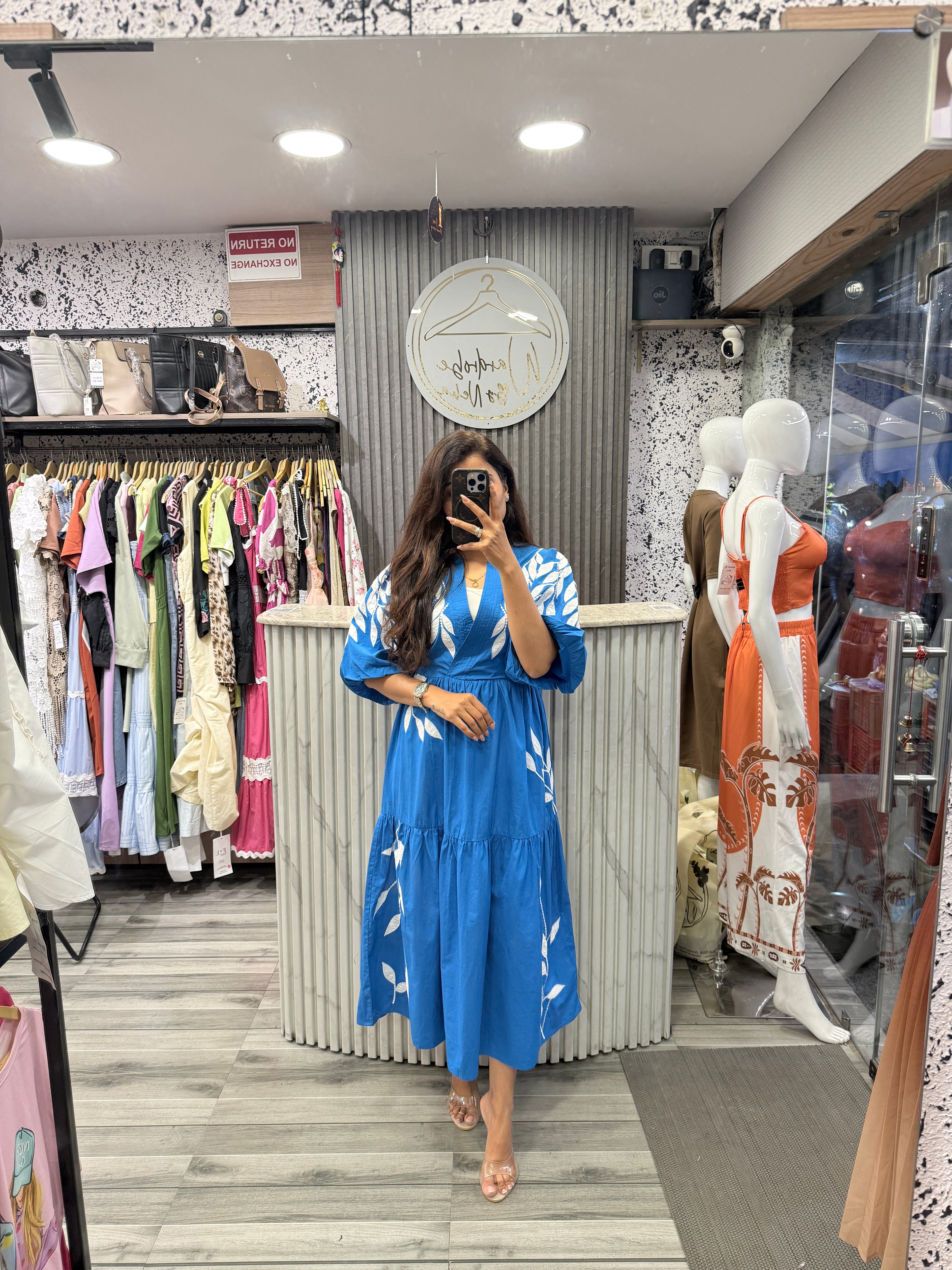 Leaf Print Cotton Midi Dress