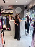 Imported Shimmer Ruched Off-Shoulder Maxi Dress