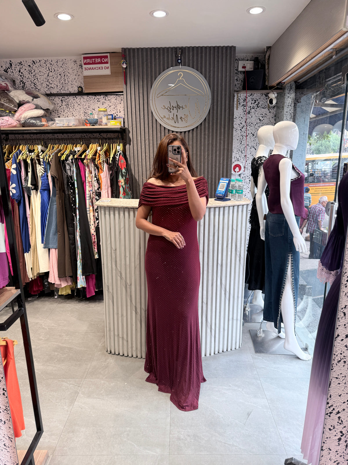 Imported Shimmer Ruched Off-Shoulder Maxi Dress