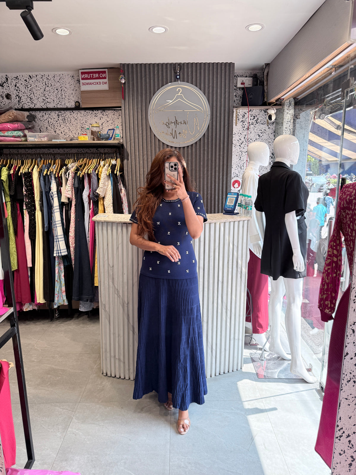 Imported Floral Embellished Knit Top & Pleated Maxi Skirt Set