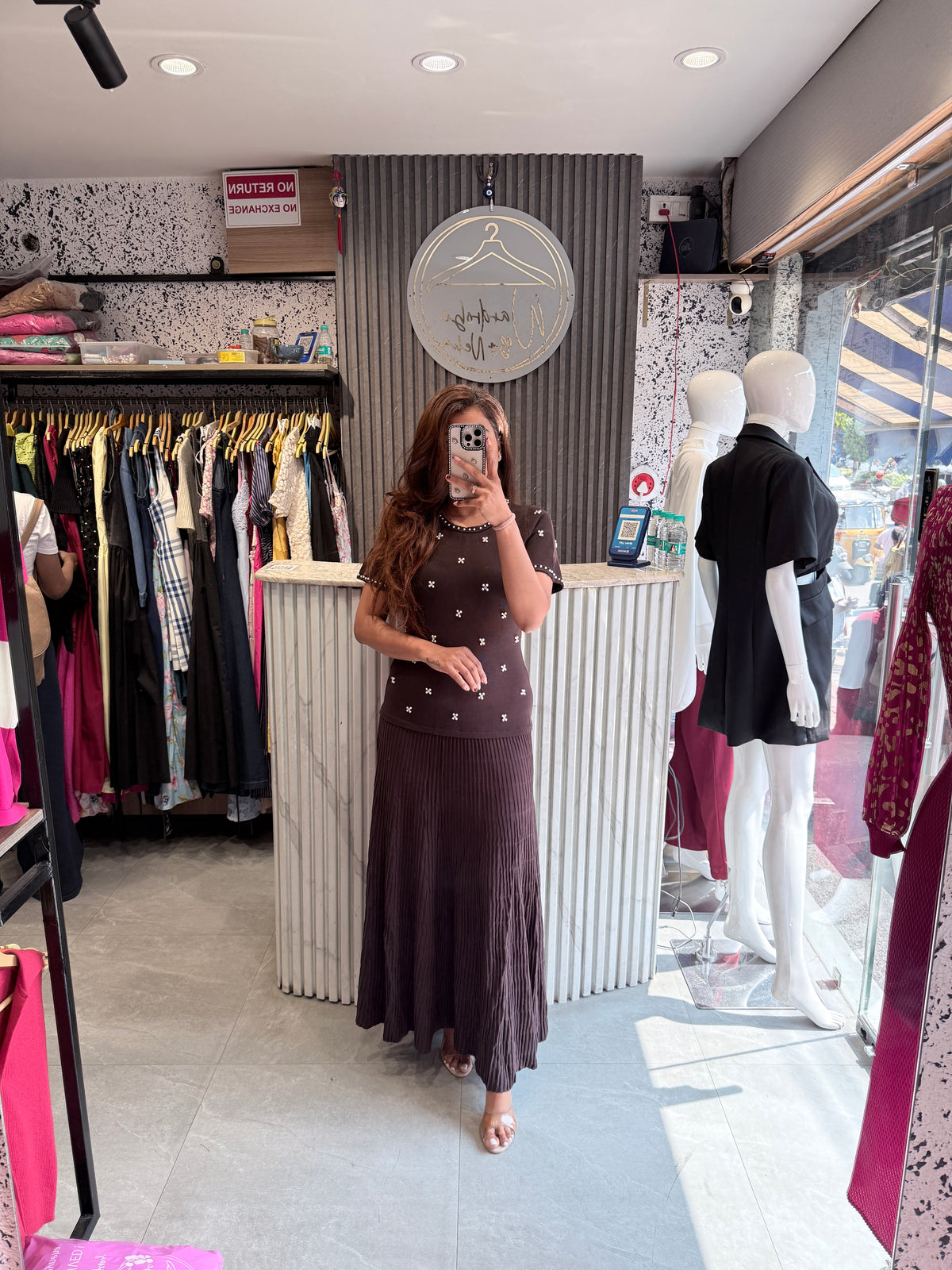Imported Floral Embellished Knit Top & Pleated Maxi Skirt Set