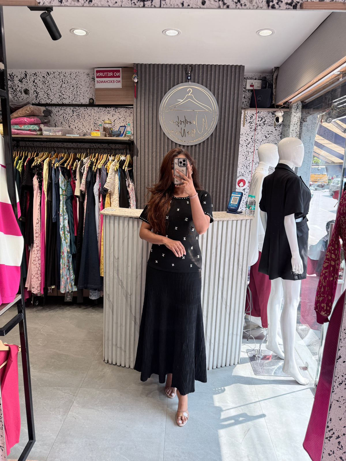 Imported Floral Embellished Knit Top & Pleated Maxi Skirt Set