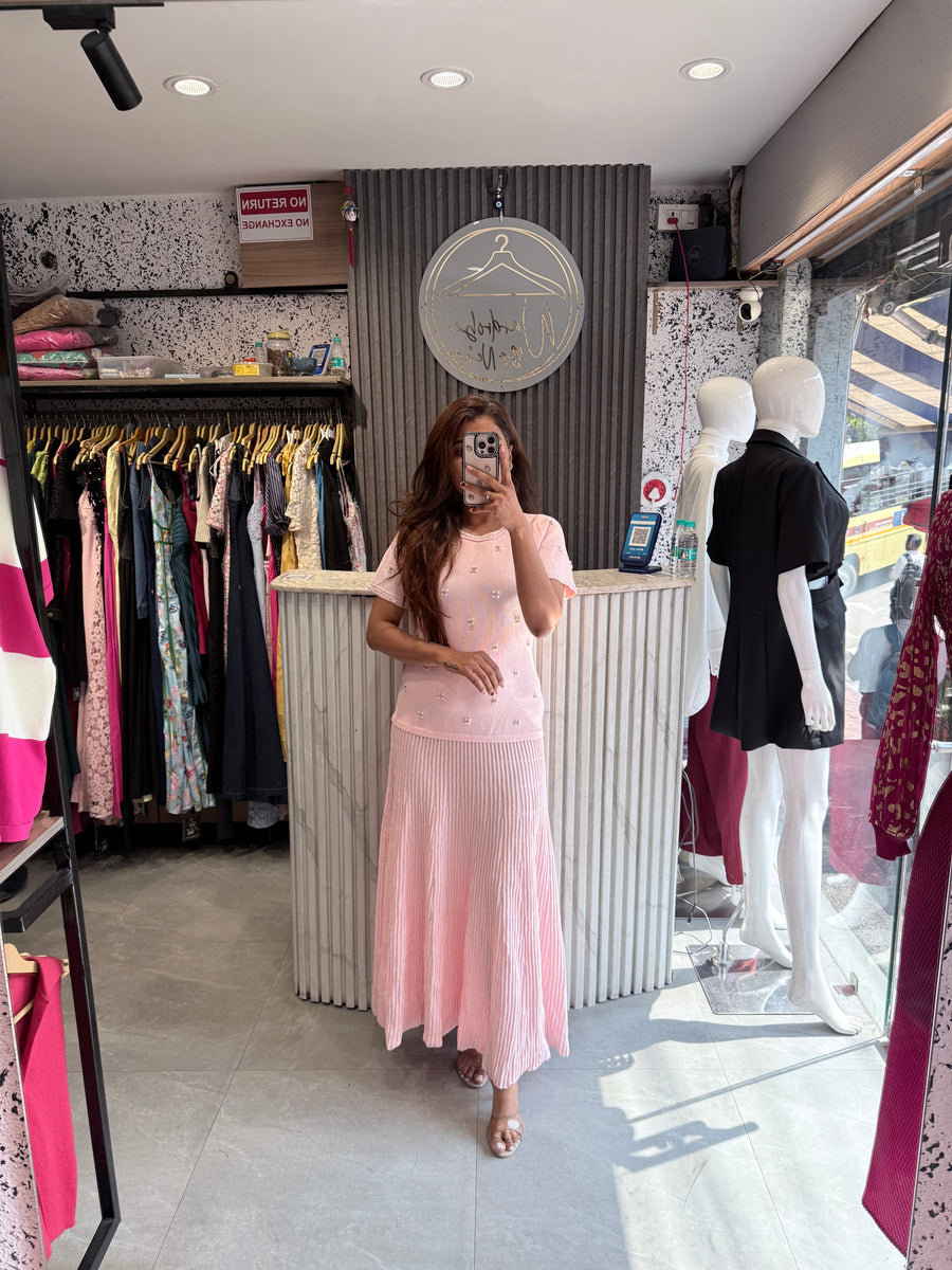 Imported Floral Embellished Knit Top & Pleated Maxi Skirt Set