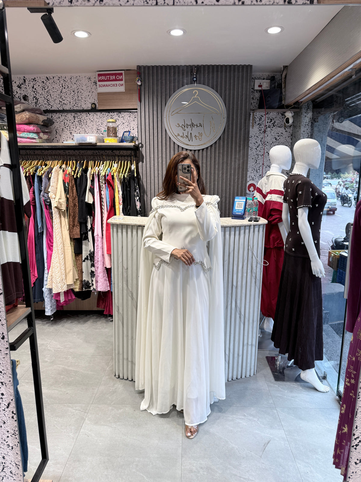 Imported Pearl-Embellished Flared Maxi Dress