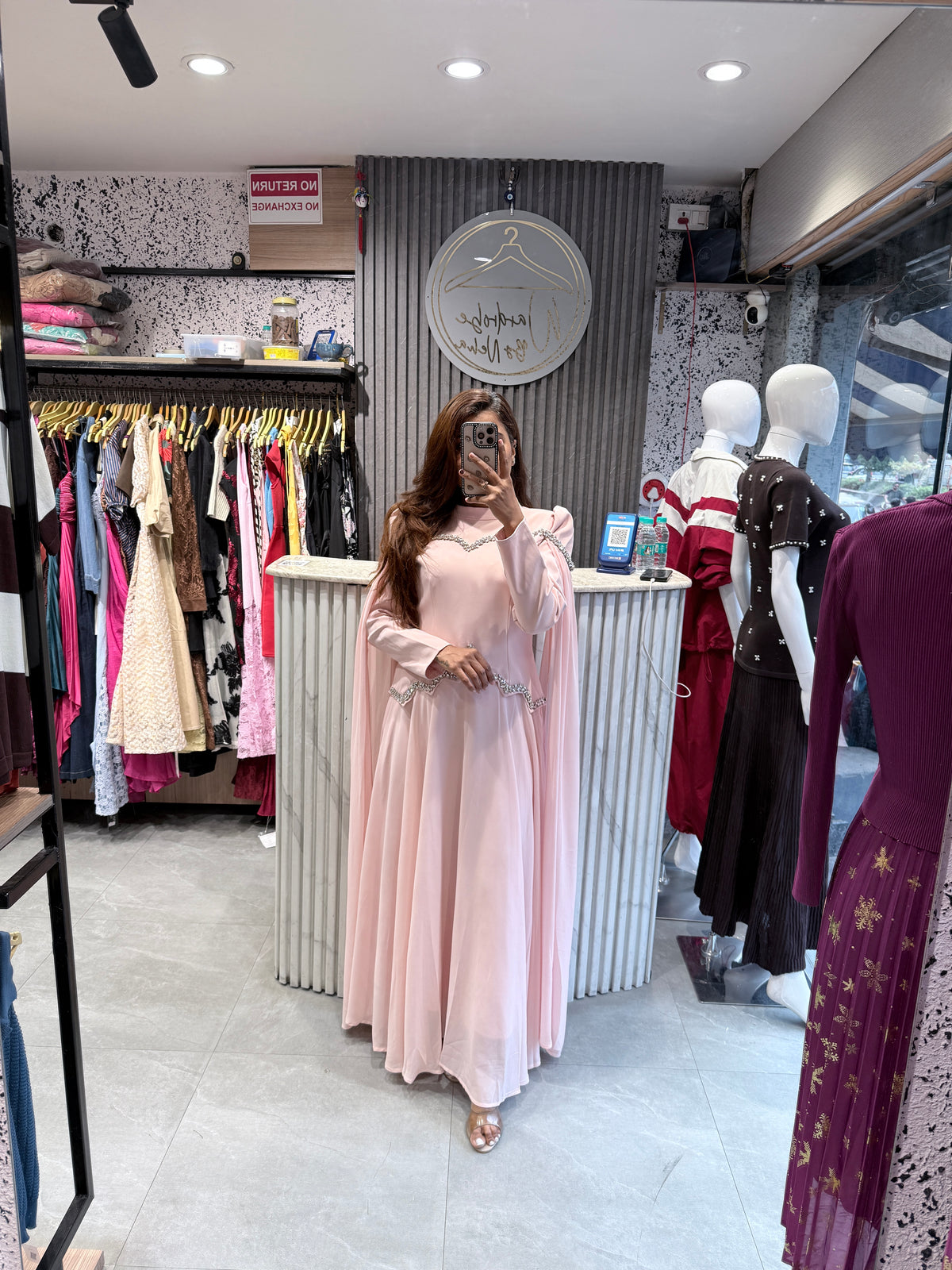 Imported Pearl-Embellished Flared Maxi Dress