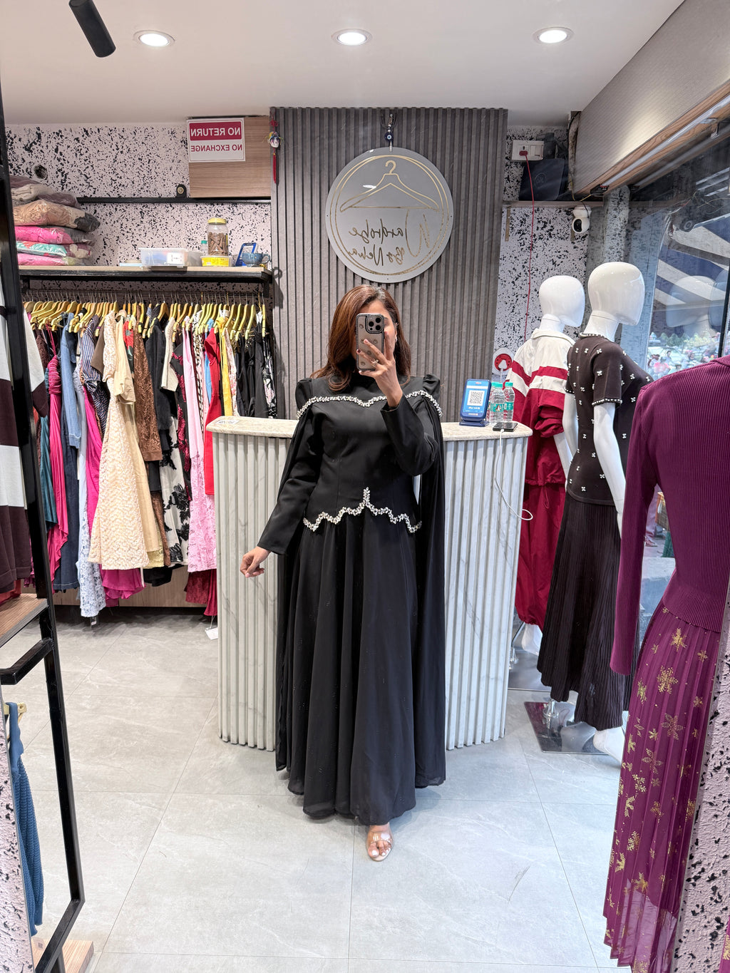 Imported Pearl-Embellished Flared Maxi Dress