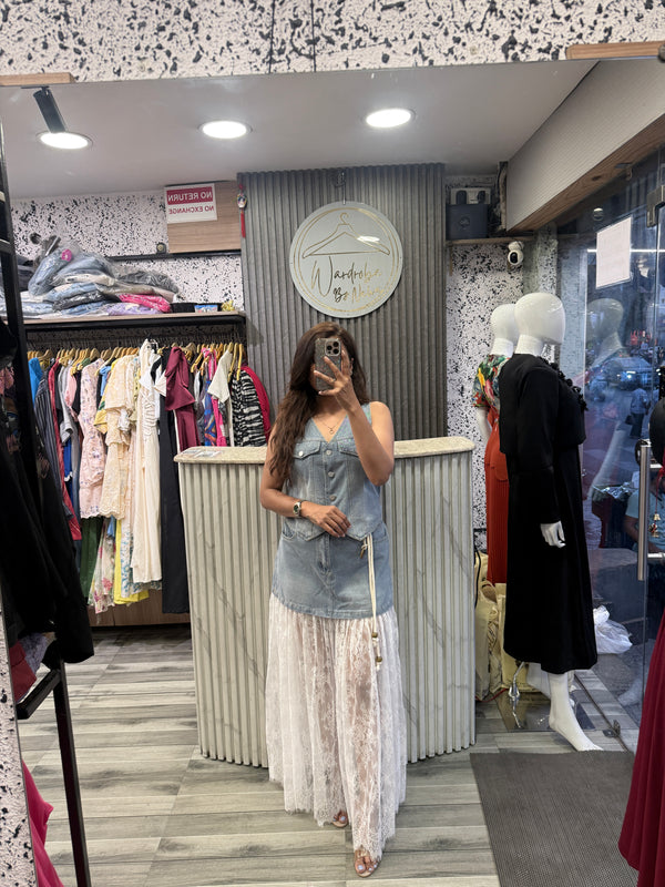 Denim V-Neck Vest Dress with Lace Flared Hem