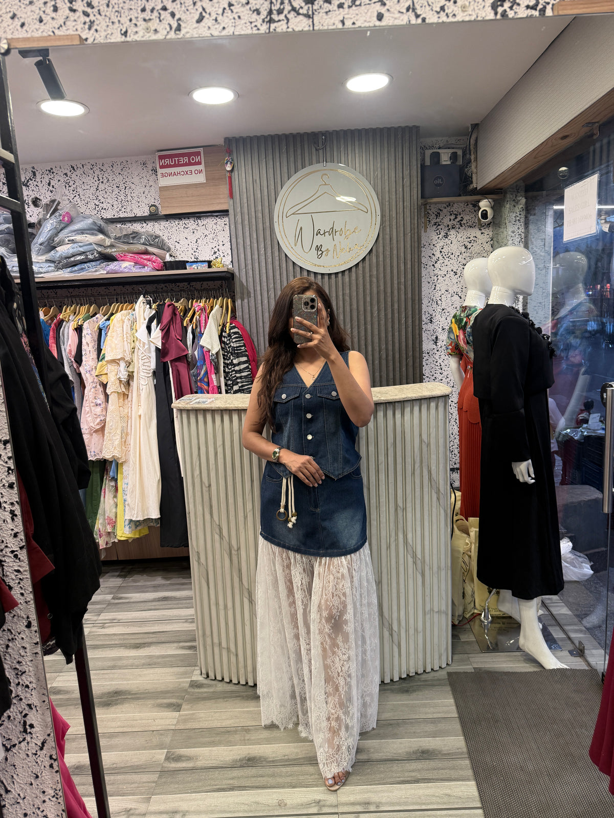 Denim V-Neck Vest Dress with Lace Flared Hem