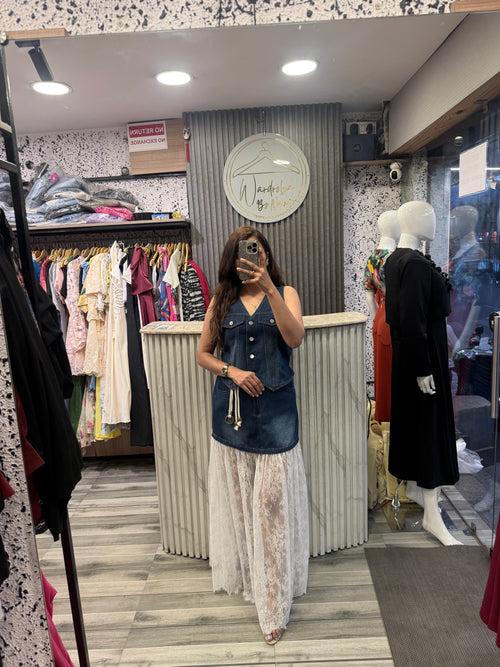 Denim V-Neck Vest Dress with Lace Flared Hem
