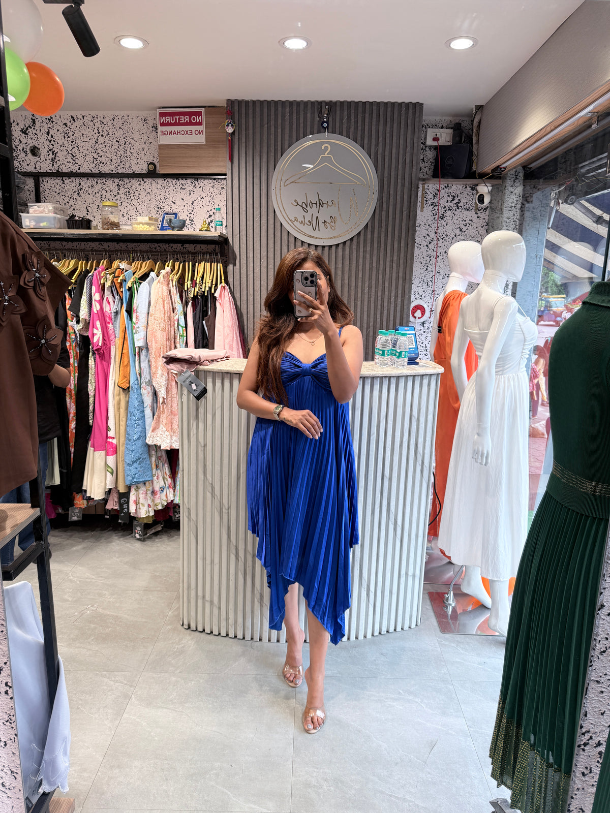 Teal Pleated Bow-Bust Midi Dress with Asymmetric Handkerchief Hem