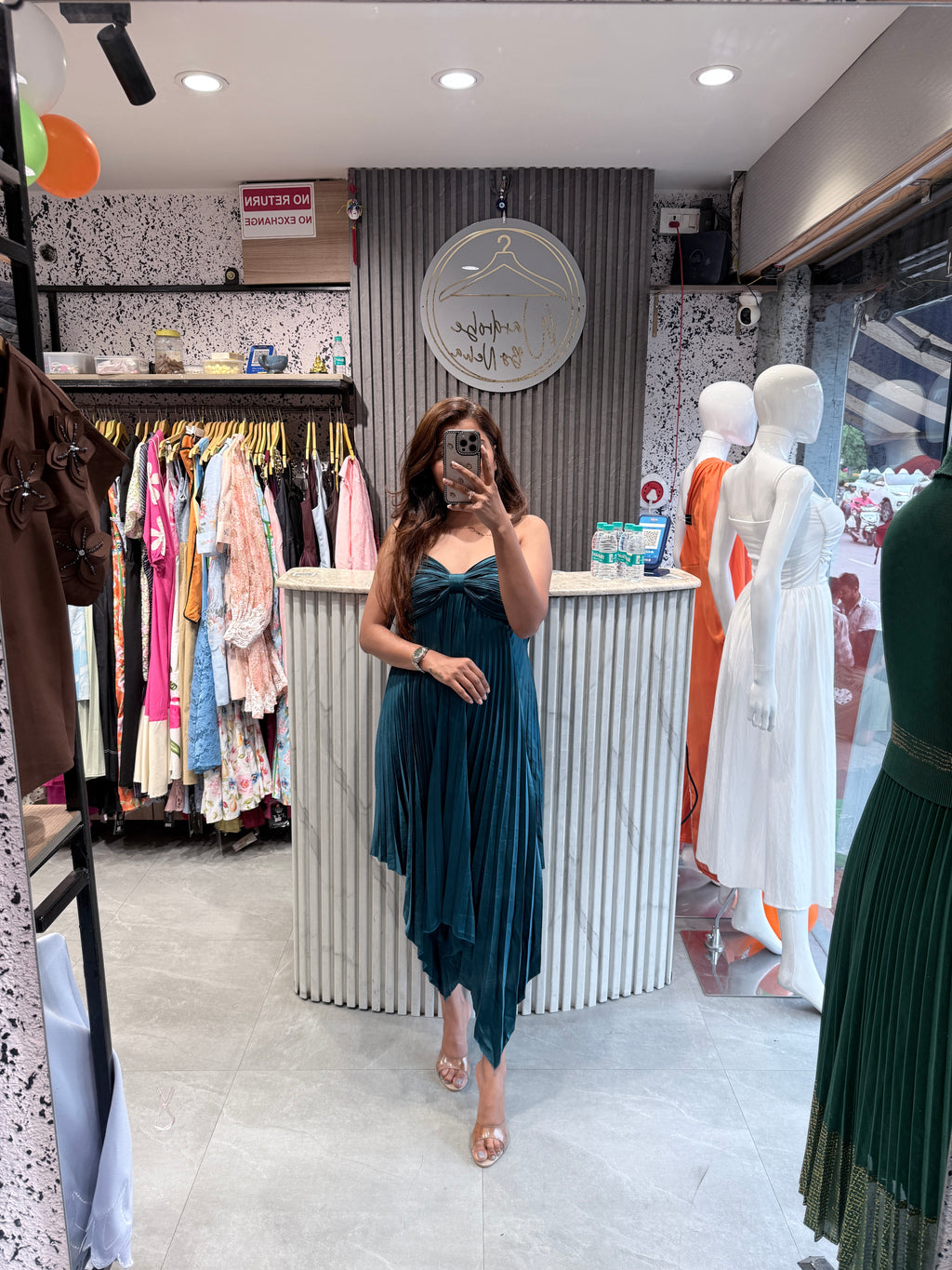 Teal Pleated Bow-Bust Midi Dress with Asymmetric Handkerchief Hem