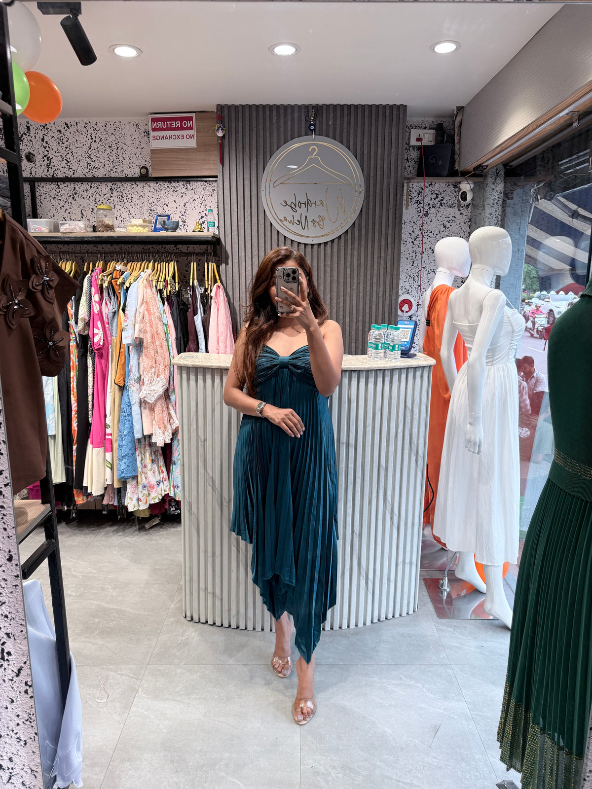Teal Pleated Bow-Bust Midi Dress with Asymmetric Handkerchief Hem